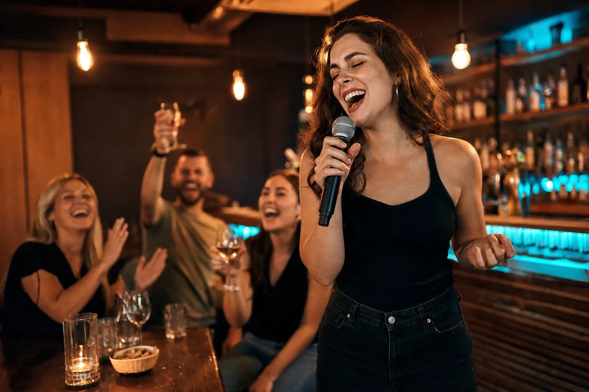 Een vrouw zingt karaoke in een café terwijl haar vrienden juichen