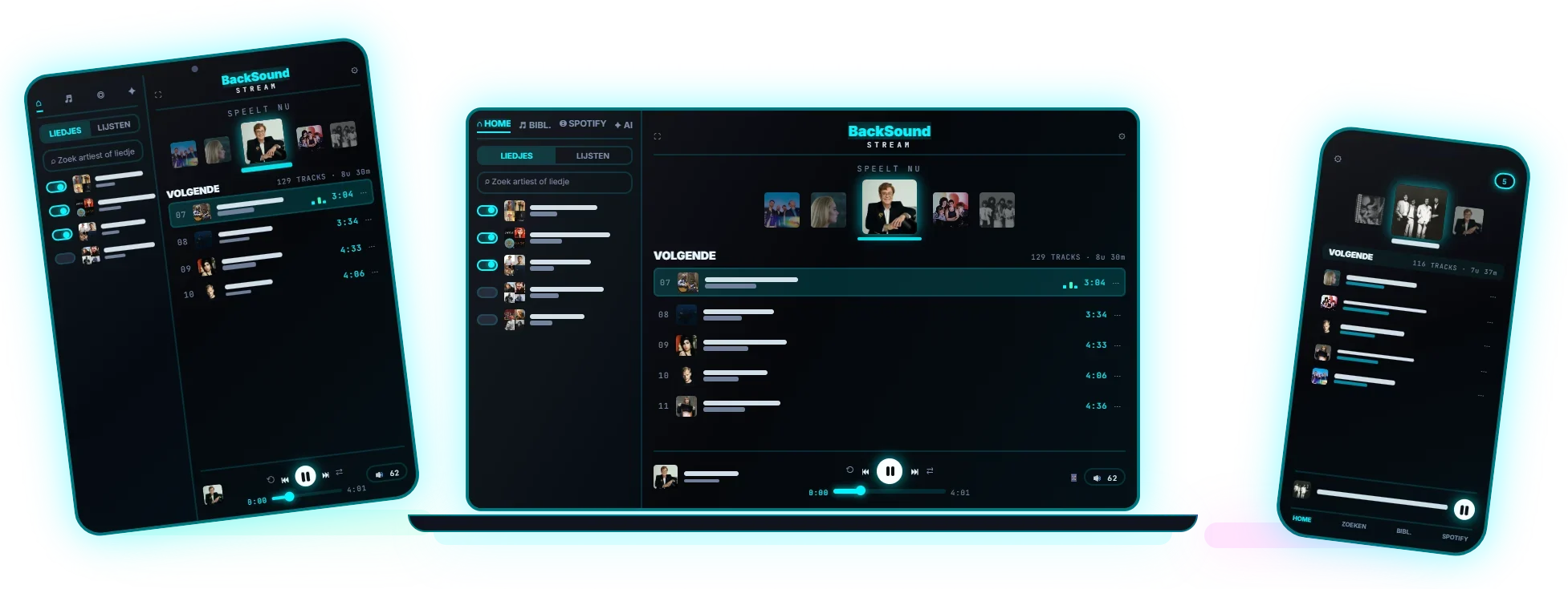 De BackSound Stream-speler op een tablet, een laptop en een smartphone